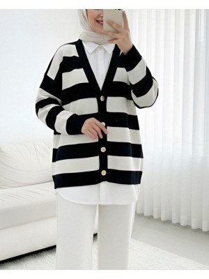 Thick Striped Araboy Knitwear Cardigan -Stone