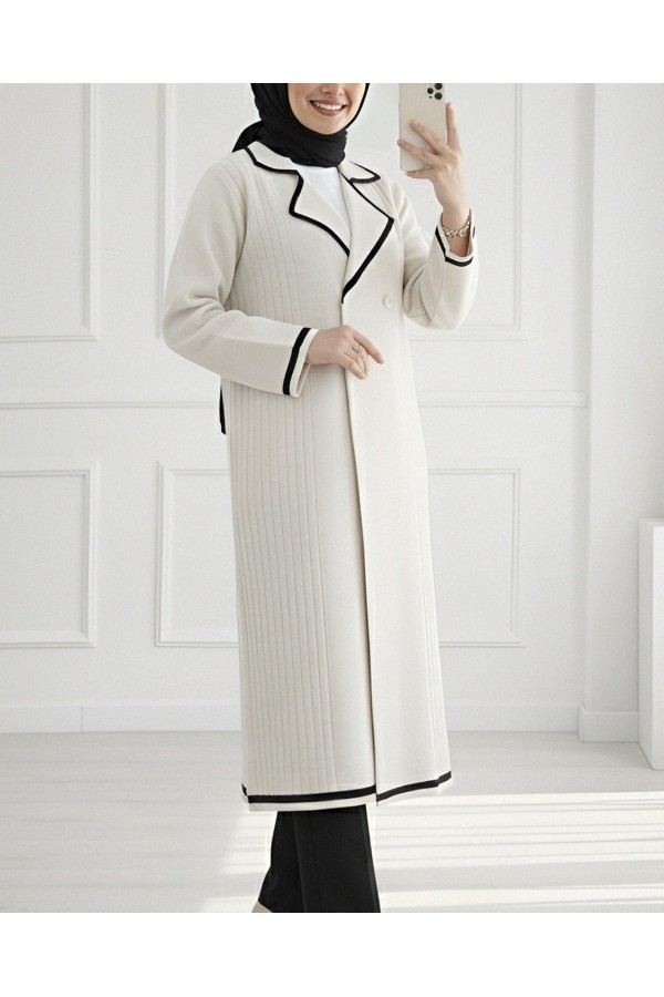 Long Knitted Cardigan with Snap Front Pocket -Cream color