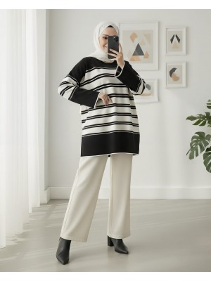 Bisiklet Yaka Salaş Triko Tunik -Siyah