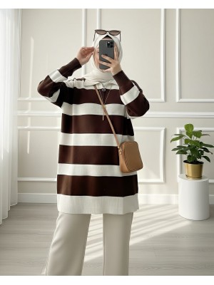 Yan Çizgili Yumoş Kışlık Triko Tunik  -Kahve