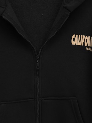 Hooded Back Printed Sweat Fleece -Black