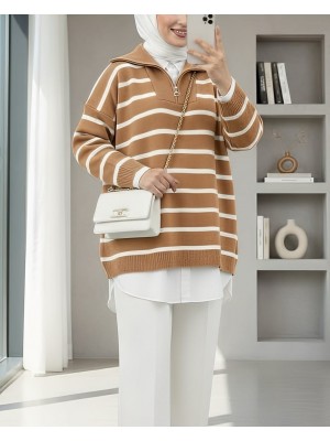 Yarım Boğazlı Fermuarlı Çift Plaka Triko Tunik    -Vizon