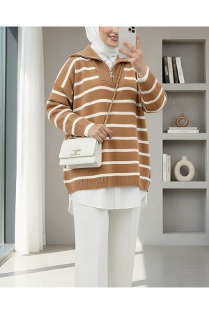 Half Neck Zippered Double Plate Knitwear Tunic    -Mink color