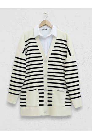 Çift Cepli Çizgili Triko Hırka -Krem