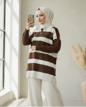 Yarım Fermuarlı Yırtmaçlı Triko Tunik -Kahve