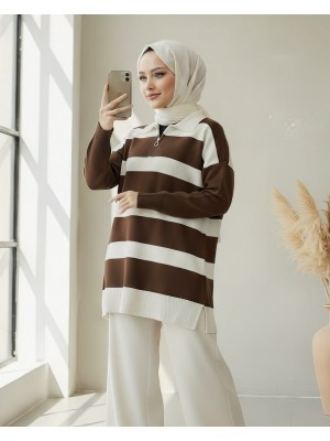 Yarım Fermuarlı Yırtmaçlı Triko Tunik -Kahve