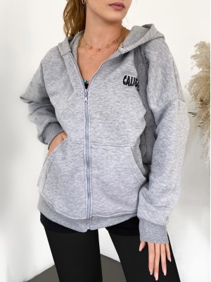 Kapşonlu Arkası Baskılı Sweat Polar -Gri