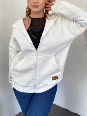 Armalı Fermuarlı Kapşonlu Sweat -Beyaz