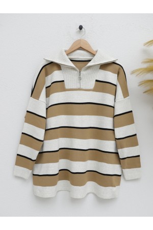 Half Zipper Turtleneck Knitwear Tunic -Stone