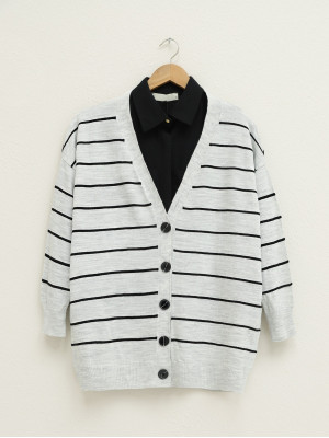 Düğmeli Salaş Triko Hırka -Açık Gri