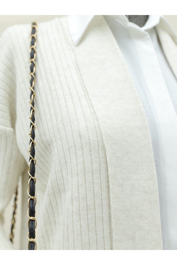 Double Pocket Folded Sleeve Knitted Cardigan -Cream color