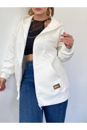 Armalı Fermuarlı Kapşonlu Sweat -Beyaz