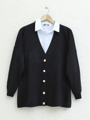 Çapraz Çizgili Broş Düğmeli Triko Hırka -Siyah