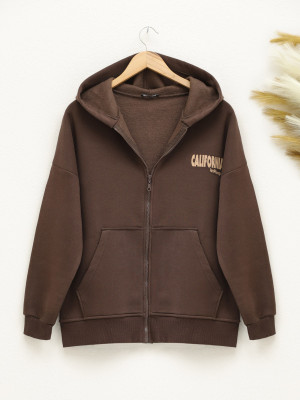 Hooded Back Printed Sweat Fleece -Brown