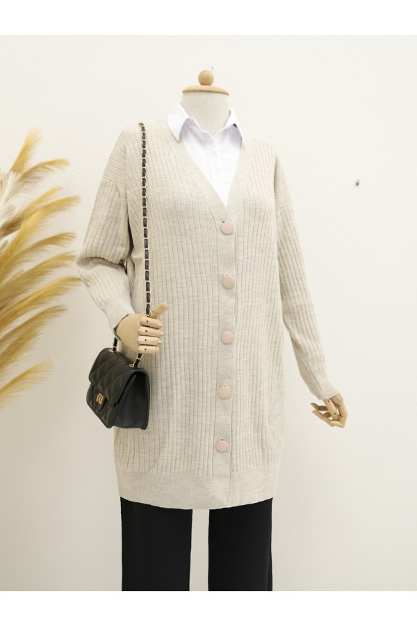 Long Knitwear Cardigan with Ribbed Buttons -Stone