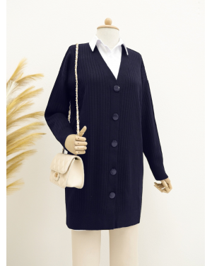 Long Knitwear Cardigan with Ribbed Buttons   -Navy blue