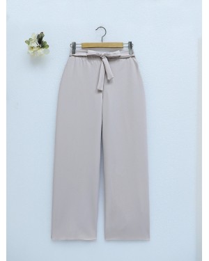 Duble Kumaş Beli Kuşaklı Bol Paça Pantolon   -Bej