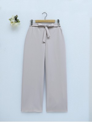Duble Kumaş Beli Kuşaklı Bol Paça Pantolon   -Bej