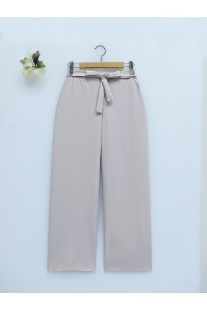 Duble Kumaş Beli Kuşaklı Bol Paça Pantolon   -Bej