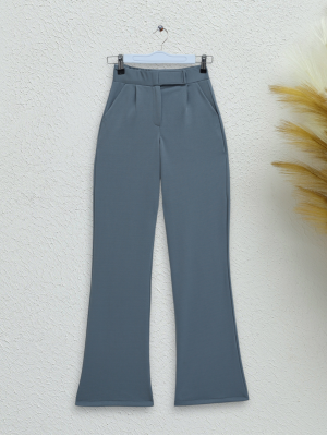 Beli Cırtcırt Detay Boru Paça Kumaş Pantalon -Gri