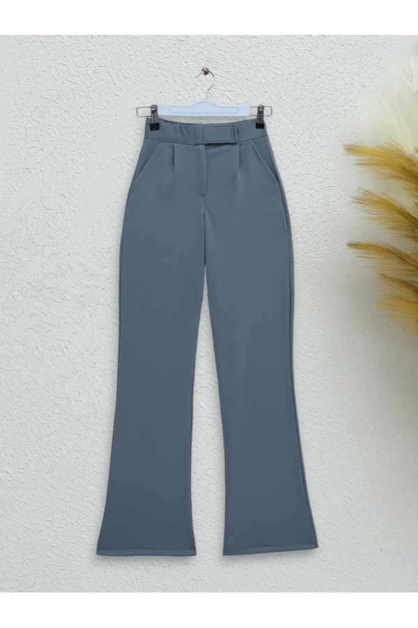 Tube Leg Fabric Trousers with Velcro Waist Detail -Grey
