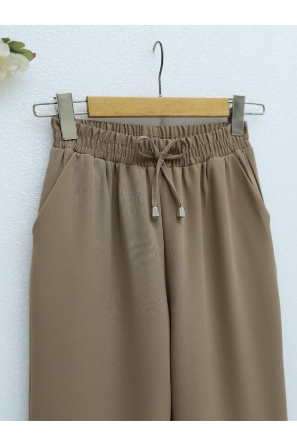 Beli Bağcıklı Dar Paça Pantolon -Vizon