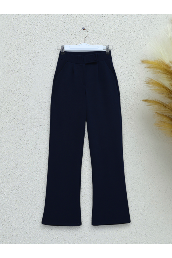 Tube Leg Fabric Trousers with Velcro Waist Detail -Navy blue