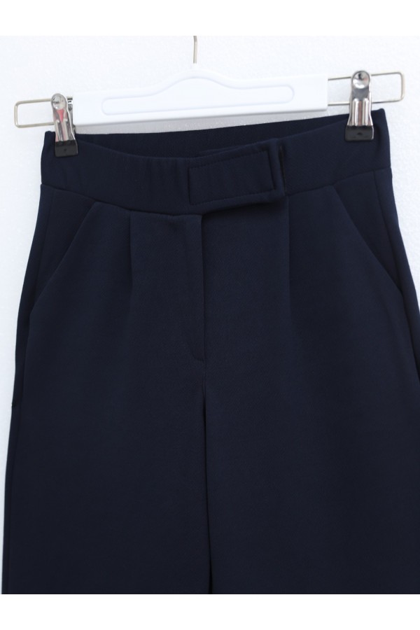 Tube Leg Fabric Trousers with Velcro Waist Detail -Navy blue