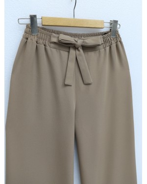 Duble Kumaş Beli Kuşaklı Bol Paça Pantolon   -Vizon