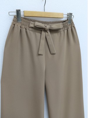 Duble Kumaş Beli Kuşaklı Bol Paça Pantolon   -Vizon