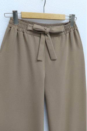 Duble Kumaş Beli Kuşaklı Bol Paça Pantolon   -Vizon