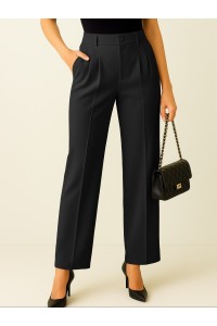Tek Düğmeli Önü Katlama Detaylı Cepli Pantolon  -Siyah