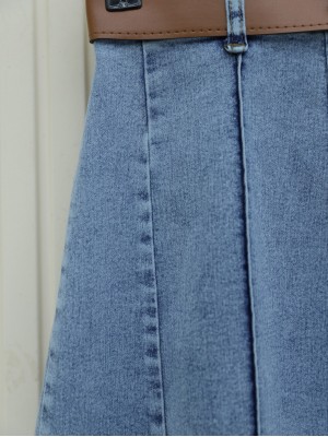 Fermuarlı Kemerli Kot Etek -Buz Mavi