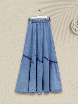 Beli Lastikli Parça Kumaş Kot Etek -Buz Mavi