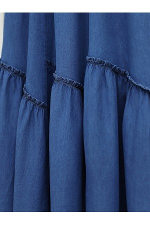 Elastic Waist Piece Fabric Denim Skirt -İndigo