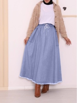  Fringed Skirt With Pockets Denim Skirt   -Ice Blue