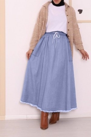Eteği Püsküllü Cepli Kot Etek   -Buz Mavi