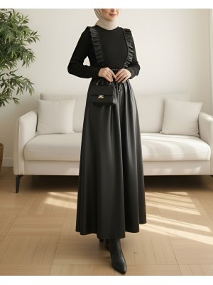 Leather Dress with Knitwear on Top and Ruffle Front -Black