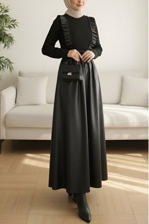 Leather Dress with Knitwear on Top and Ruffle Front -Black