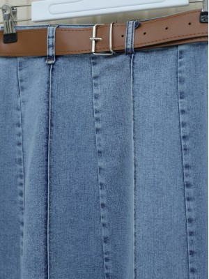 Fermuarlı Kemerli Kot Etek -Buz Mavi