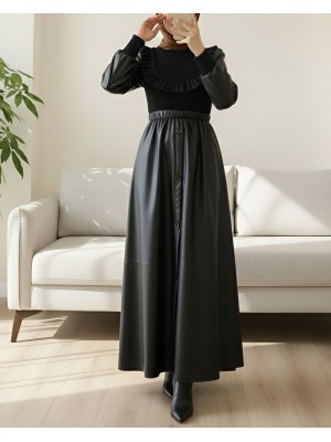Leather Dress with Frilled Front Knitwear Detail -Black