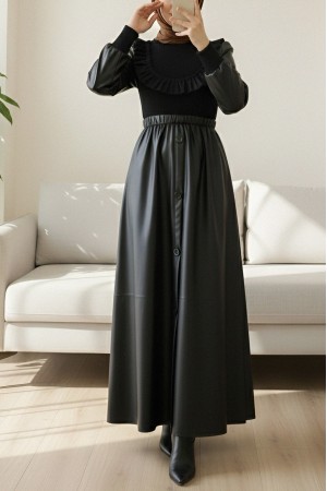 Leather Dress with Frilled Front Knitwear Detail -Black