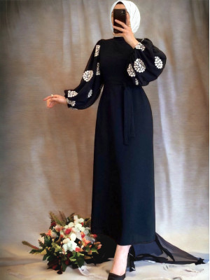 Kolu Tül Nakışlı Kalem Elbise -Siyah