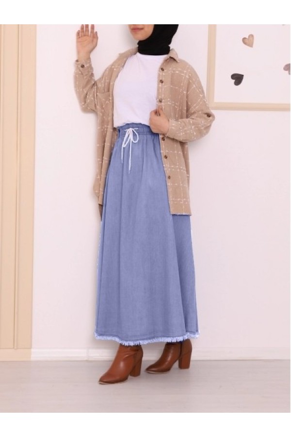  Fringed Skirt With Pockets Denim Skirt   -Ice Blue