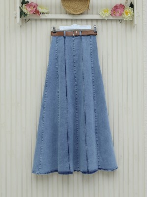 Fermuarlı Kemerli Kot Etek -Buz Mavi