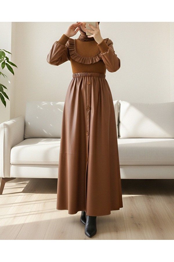 Leather Dress with Frilled Front Knitwear Detail -Snuff