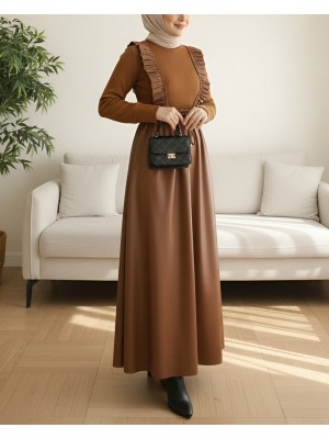 Leather Dress with Knitwear on Top and Ruffle Front -Snuff