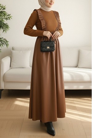 Leather Dress with Knitwear on Top and Ruffle Front -Snuff