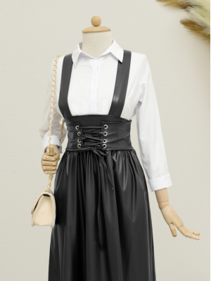 Beli Bağlamalı Eteği Parçalı Salopet -Siyah