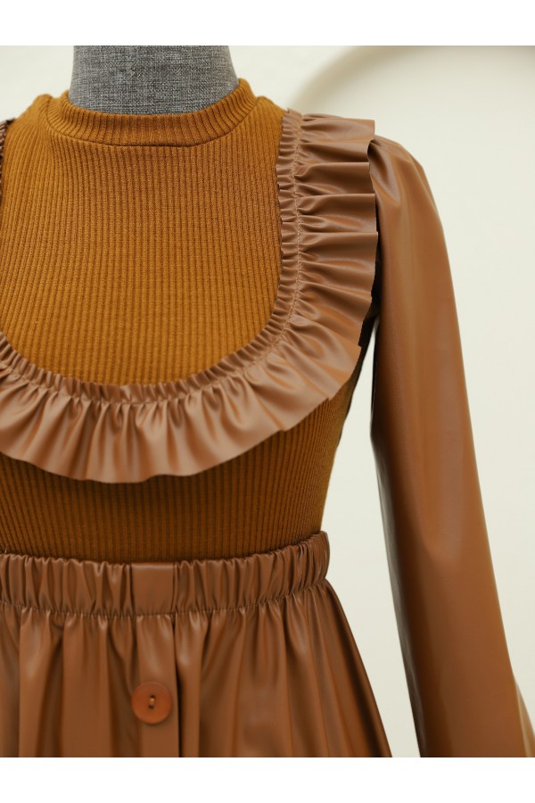 Leather Dress with Frilled Front Knitwear Detail -Snuff